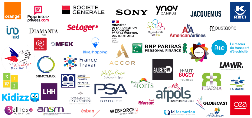 Logos des entreprises clientes de Digitalchimist - Formations IA, No-Code et Digital Logos des entreprises clientes de Digitalchimist, incluant Orange, Société Générale, BNP Paribas, Jacquemus, PSA, et bien d'autres. Formations en IA, No-Code et Digital