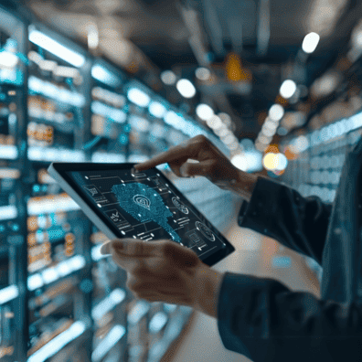 Une personne utilisant une tablette dans un centre de données, représentant l'utilisation de l'IA pour booster les ventes grâce aux formations Digitalchimist