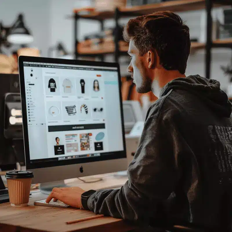 Configurer le CMS, le nom de domaine et l’hébergement avec Digitalchimist mage représentant une personne configurant un site e-commerce, illustrant les étapes d'installation du CMS, de connexion au nom de domaine et d'hébergement avec l'accompagnement de Digitalchimist