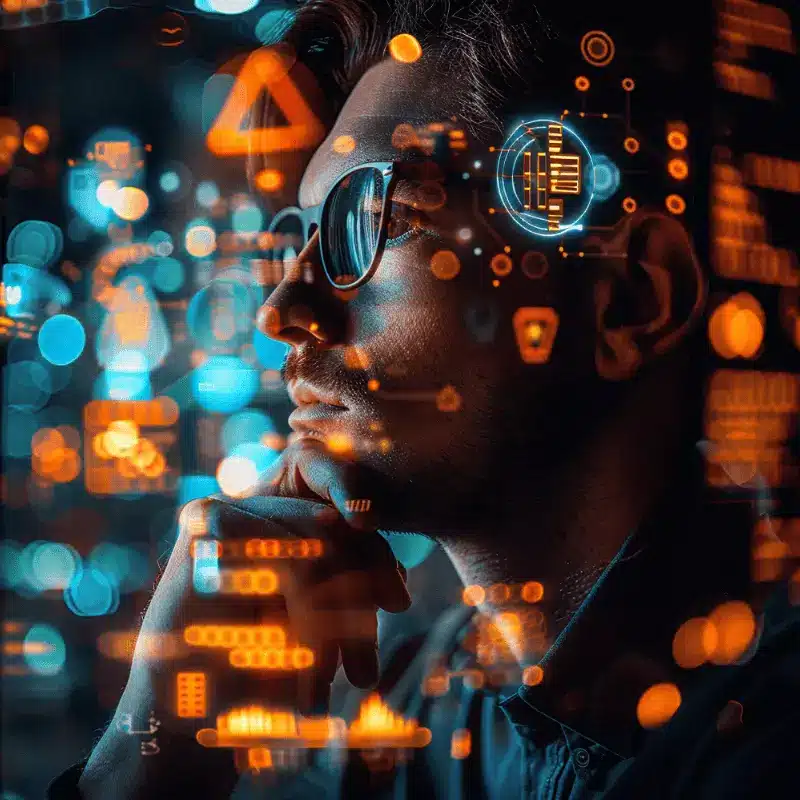 Définir le projet et la stratégie de marque avec l'IA - Digitalchimist Image représentant une personne en pleine réflexion stratégique, illustrant l'élaboration d'un projet de site e-commerce et de stratégie de marque avec l'IA, proposée par Digitalchimist.