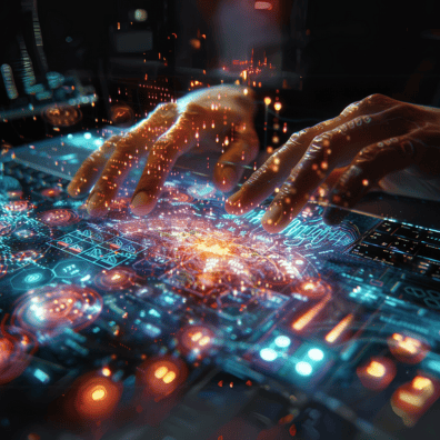 Mains interagissant avec une interface numérique avancée, symbolisant le développement de business en ligne grâce à l'IA et au No-Code.