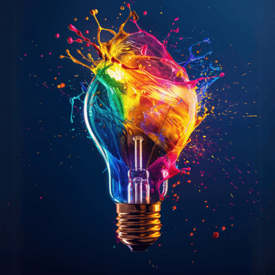 Développez votre créativité avec l'IA - Formation Digitalchimist Ampoule éclatant en couleurs vives, symbolisant la créativité et l'innovation grâce à l'intelligence artificielle