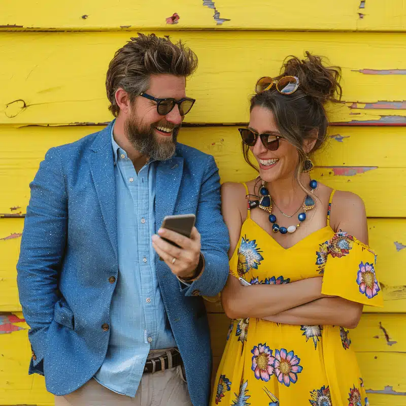 Développez votre présence en ligne avec l'IA et le No Code Un couple souriant explorant des stratégies pour développer leur présence en ligne grâce aux outils digitaux et au marketing IA