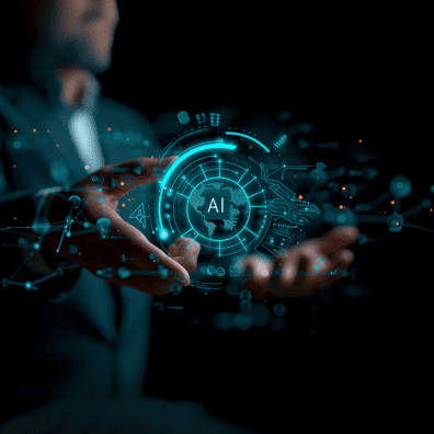 Formation Devenir Référent IA - Digitalchimist Représentation d'un professionnel tenant une interface futuriste IA, symbolisant la formation pour devenir référent en intelligence artificielle