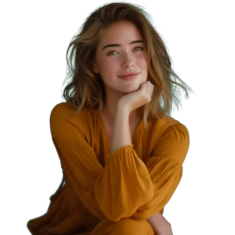 Trouver des solutions simples pour évoluer professionnellement avec Digitalchimist Femme souriante dans une tenue jaune, symbolisant l'évolution personnelle et professionnelle avec Digitalchimist.