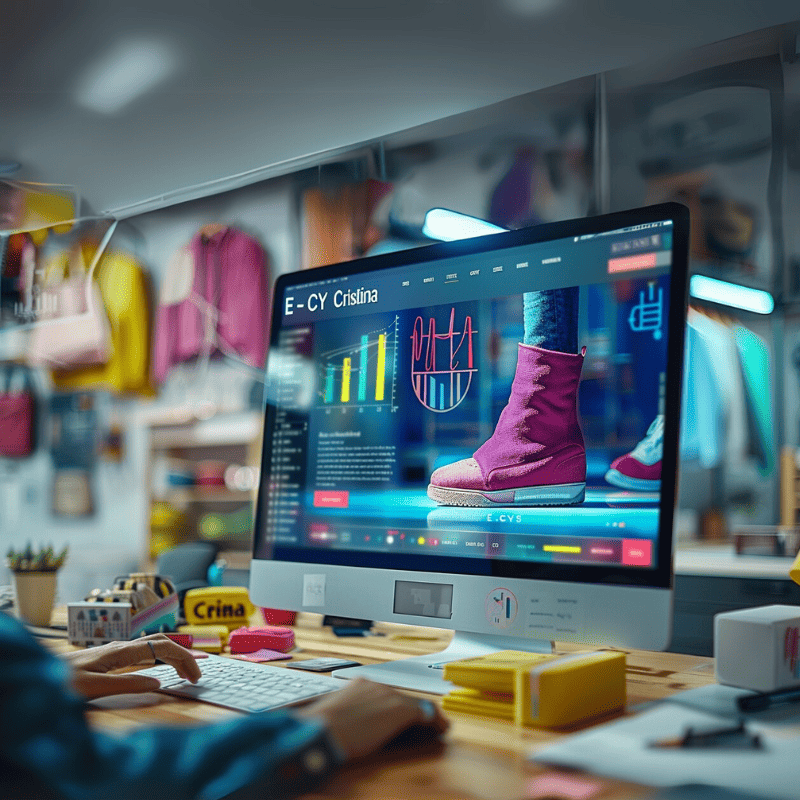 Création et gestion d'un site e-commerce avec un CMS comme Shopify ou WordPress, affiché sur un écran d'ordinateur