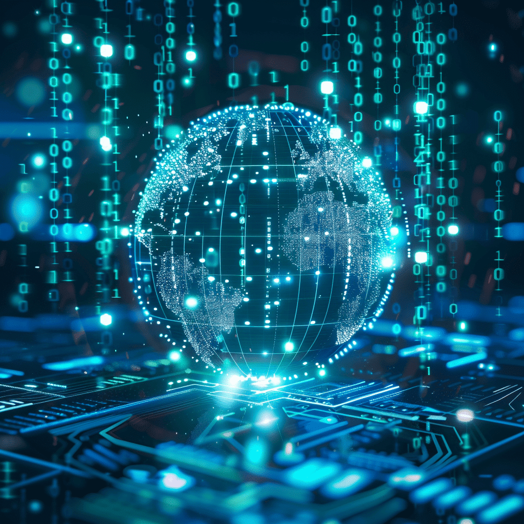 Une représentation numérique et futuriste de la Terre, illustrant les formations entreprises en IA, No-Code et digital proposées par Digitalchimist