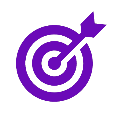 Formations entreprises – Atteignez vos objectifs avec Digitalchimist Icône minimaliste en violet représentant une cible avec une flèche plantée en son centre, symbolisant la précision, la réussite et l'atteinte des objectifs. Cette illustration reflète les formations de Digitalchimist pour aider les entreprises à piloter efficacement et à atteindre leurs buts grâce aux outils modernes comme l’IA et l’automatisation.