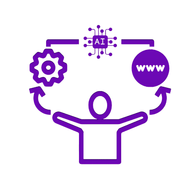 Formations entreprises – Apprenez à piloter votre entreprise avec les outils numériques de Digitalchimist Icône minimaliste en violet représentant une silhouette humaine levant les bras, entourée d’éléments symboliques comme une puce "AI", un engrenage et une sphère "WWW". L’image illustre la maîtrise des outils modernes (IA, automatisation, internet) pour piloter une entreprise grâce aux formations proposées par Digitalchimist.