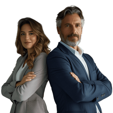 Un homme et une femme professionnels posant avec confiance, illustrant les formations en IA, No-Code et Digital pour transformer votre entreprise