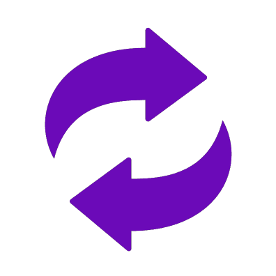 Formations pour particuliers et entreprises – S’adapter à un secteur en mutation avec Digitalchimist Icône minimaliste en violet représentant deux flèches incurvées formant un cercle, symbolisant le changement et l’évolution. Cette image illustre les formations proposées par Digitalchimist pour aider particuliers et entreprises à s’adapter aux mutations des secteurs profession