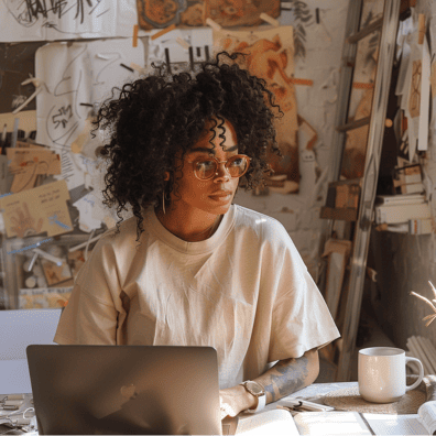 Formations sur mesure : Développez vos compétences en IA, No-Code et Digita Une femme concentrée travaillant sur un ordinateur portable dans un environnement créatif, illustrant les formations sur mesure en IA, No-Code et Digital