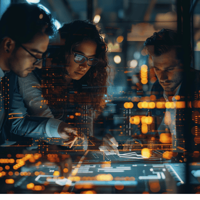 Gestion de projet avec l'IA - Digitalchimist pour une approche innovante Équipe collaborant sur un projet technologique avec l'IA, entourée d'une interface numérique futuriste dans un environnement professionnel moderne.