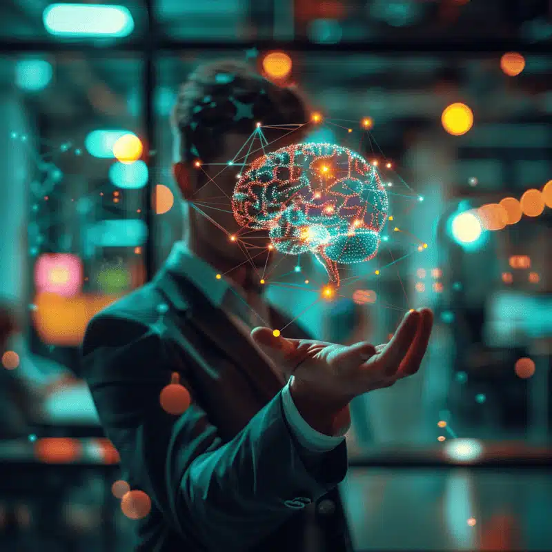 Intégrez l'IA et le No Code à votre activité pour transformer votre business Illustration d'un professionnel tenant un cerveau virtuel lumineux symbolisant l'intégration de l'intelligence artificielle et du No Code dans une activité