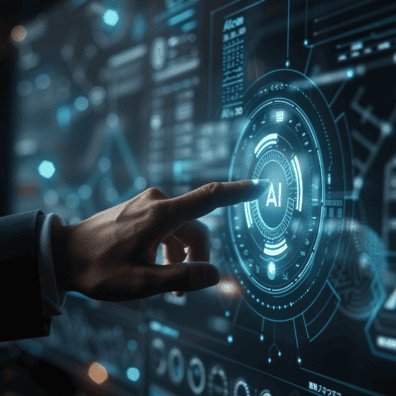 Intégrez l'IA et le No Code à votre activité - Digitalchimist Interface futuriste avec un doigt activant une technologie IA, représentant l'intégration de l'IA et du No Code dans les activités professionnelles