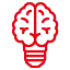 Mise en pratique des compétences à travers des exercices concrets Icône rouge représentant un cerveau dans une ampoule, symbolisant la mise en pratique des compétences avec des exercices concrets chez Digitalchimist.