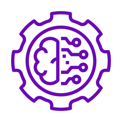 Formation IA et No-code pour tous – Apprendre à utiliser l’intelligence artificielle avec Digitalchimist cône minimaliste en violet représentant un cerveau connecté à des circuits électroniques, entouré par un engrenage. Cette illustration symbolise les formations en IA et No-code proposées par Digitalchimist pour apprendre à utiliser l’intelligence artificielle et automatiser des tâches facilement