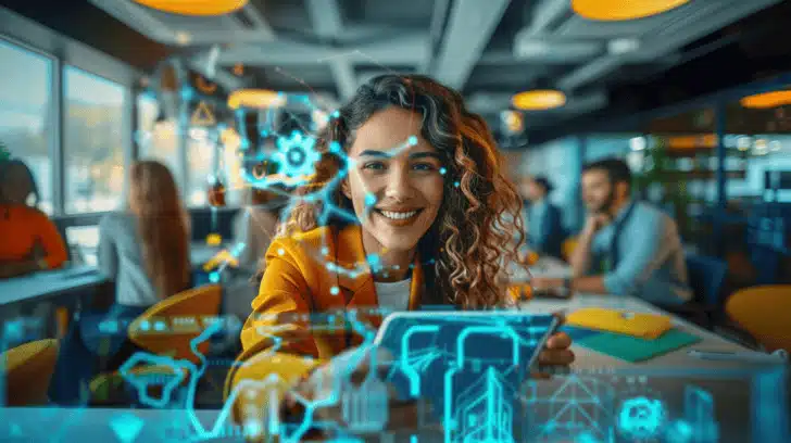 Transformez votre activité avec l'IA – Prêts à agir ? Femme souriante devant un écran affichant des visualisations d'IA, prête à transformer son activité ou sa carrière grâce à l'intelligence artificielle